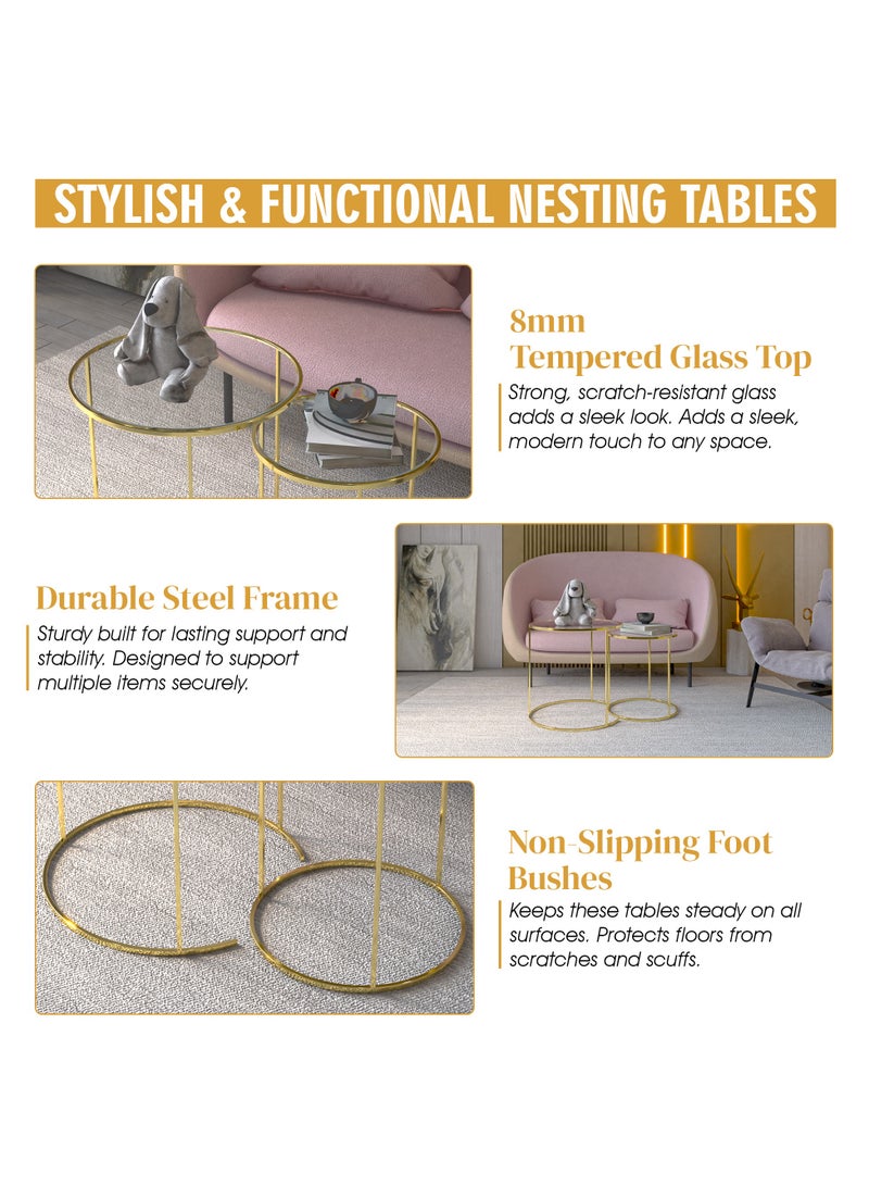 RIGID Steel Nesting Tables set of 2 with Glass Top Gold 58x58x58cm  - Image 3