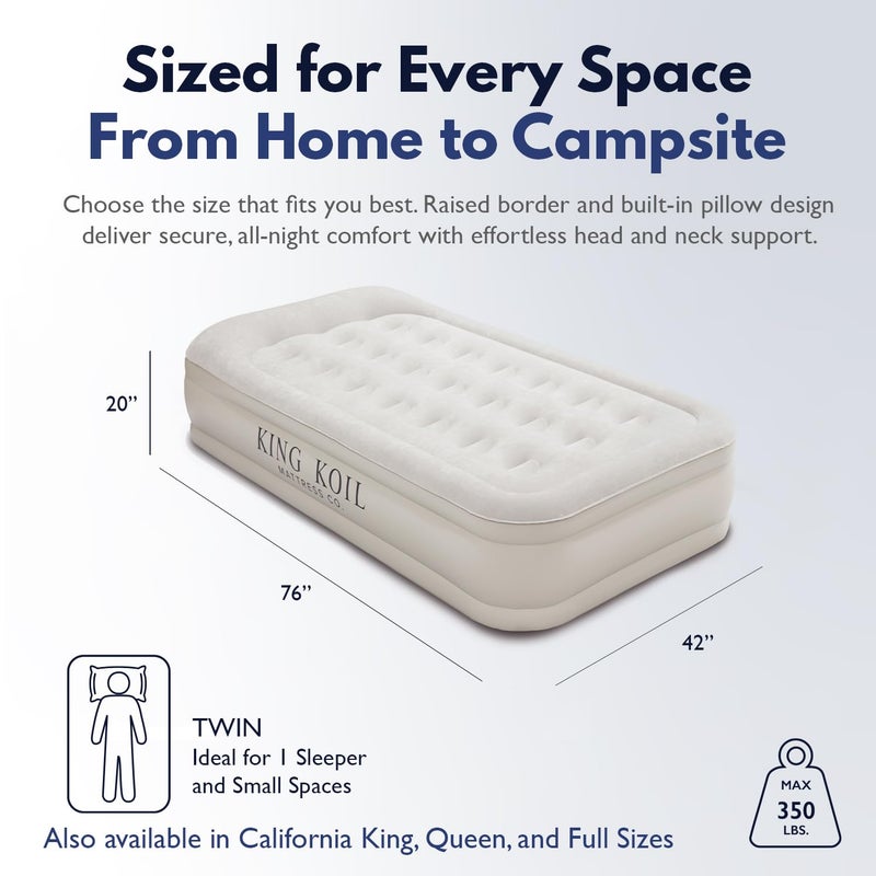 King Koil Plush Pillow Top Twin Air Mattress with Built-in High-Speed Pump for Camping, Home & Guests - 20â€ Twin Size Airbed Luxury Inflatable Blow Up Mattress, Waterproof, 1-Year Warranty - Image 2