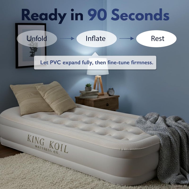 King Koil Plush Pillow Top Twin Air Mattress with Built-in High-Speed Pump for Camping, Home & Guests - 20â€ Twin Size Airbed Luxury Inflatable Blow Up Mattress, Waterproof, 1-Year Warranty - Image 5