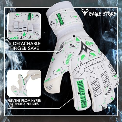 EAGLE STRIKE Soccer Goalie Gloves - Fingers Protection, Sizes 5 to 11, 4mm German Giga Latex Pro-Level Gloves (White, Black & Green, 5) - Image 2