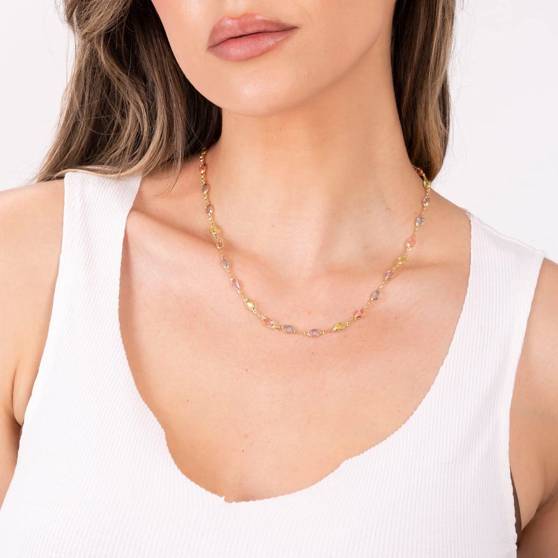 Barzel 18K Gold Plated Oval Multicolor Stone Crystal Necklace for Women - Made In Brazil - Image 3