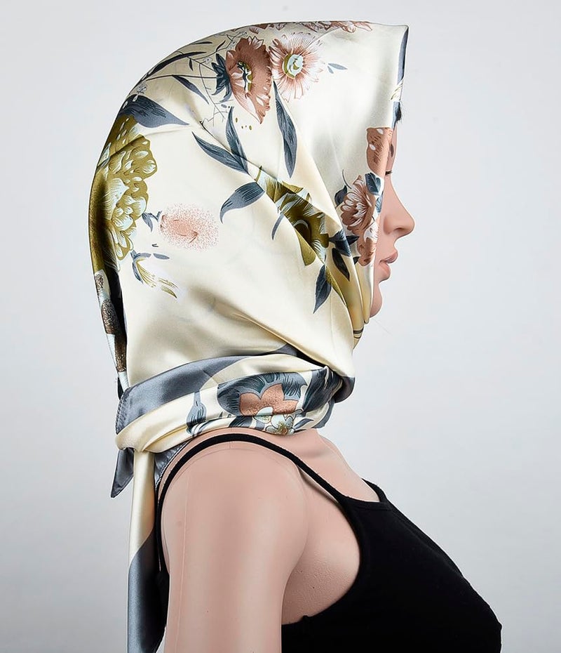 corciova Large Square Silk Like Lightweight Scarf Hair Wrap Women Grey Flower Curly Headband Tie Sleeping at Night Fashion - Image 3