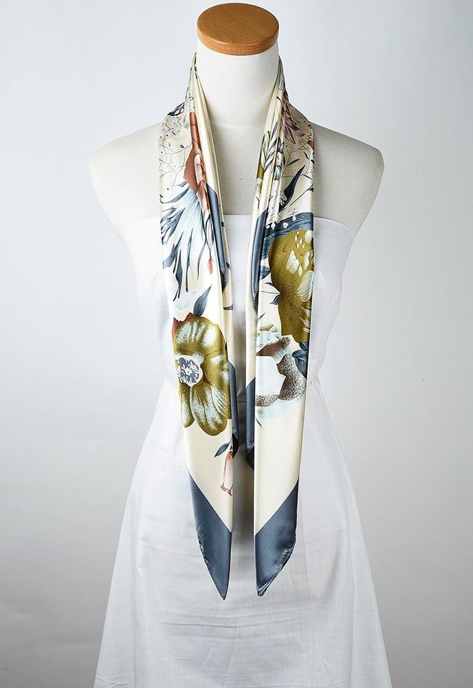 corciova Large Square Silk Like Lightweight Scarf Hair Wrap Women Grey Flower Curly Headband Tie Sleeping at Night Fashion - Image 5