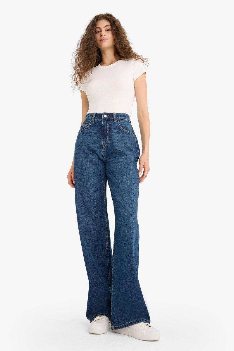 DeFacto Blue Woman Regular Hem Jean Look Trousers Casual - Image 1