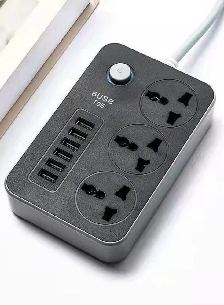 Power Strips Extension Lead with 6 USB Wall Plug Adapter and 3 Way Cable Outlets 2 meter