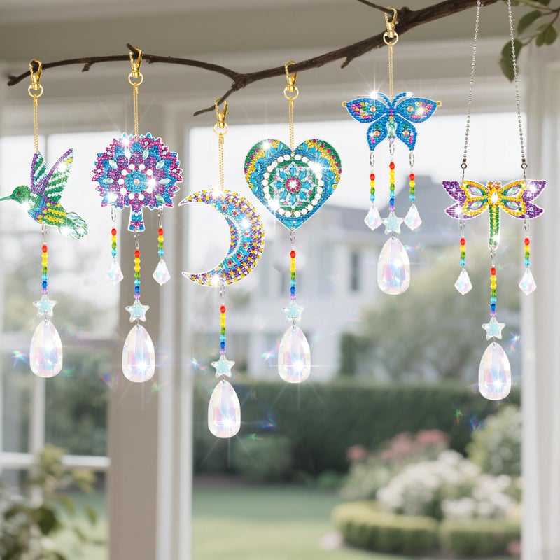 YUNVI 6 Pcs Diamonds Paintings Suncatcher, Double Sided 3D Diamonds Paintings Wind Chime Paint by Number, Diamond Paintings Hanging Ornaments for Adults Home Garden - Image 4
