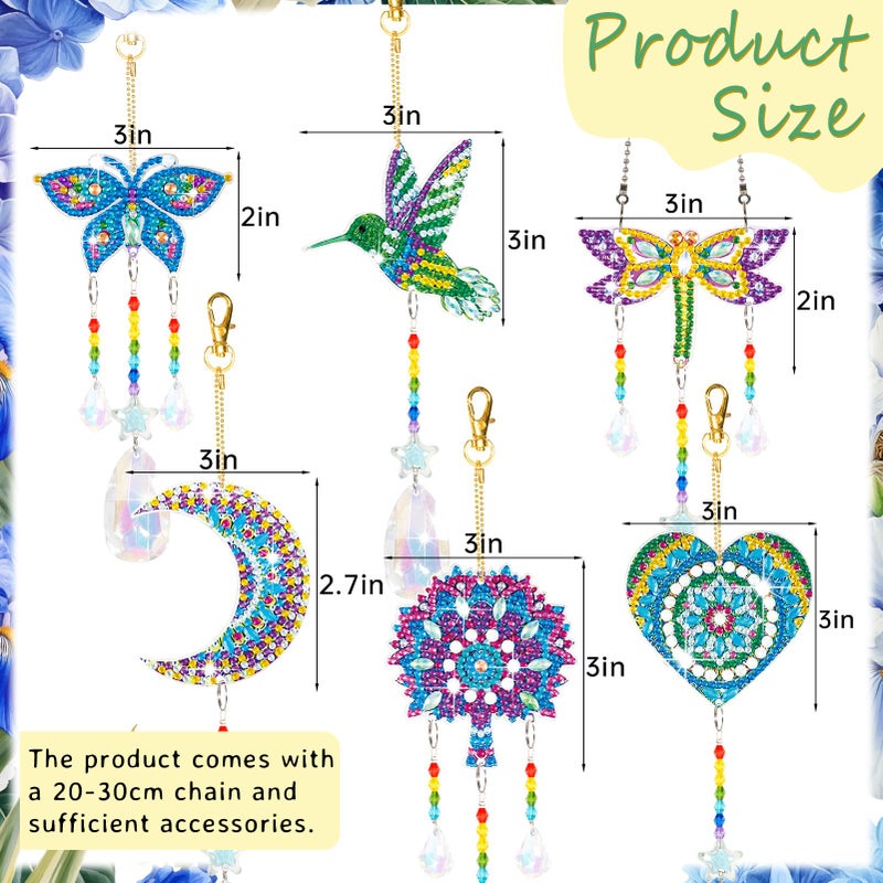 YUNVI 6 Pcs Diamonds Paintings Suncatcher, Double Sided 3D Diamonds Paintings Wind Chime Paint by Number, Diamond Paintings Hanging Ornaments for Adults Home Garden - Image 2