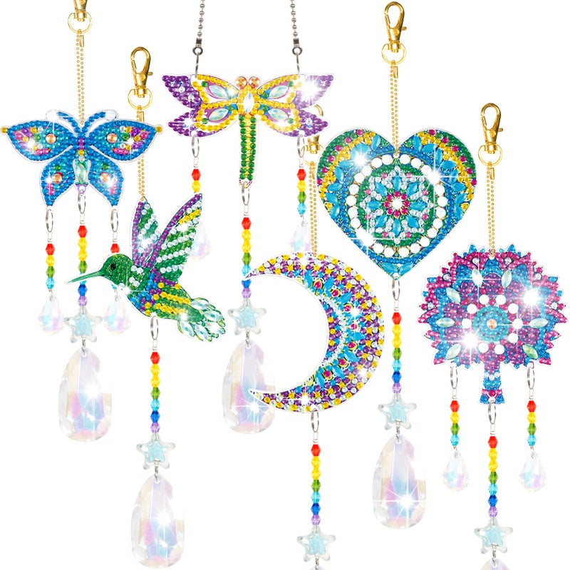 YUNVI 6 Pcs Diamonds Paintings Suncatcher, Double Sided 3D Diamonds Paintings Wind Chime Paint by Number, Diamond Paintings Hanging Ornaments for Adults Home Garden - Image 1