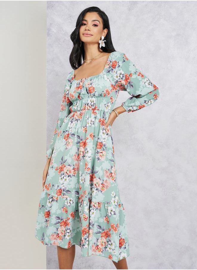 Styli - Floral Printed Tiered Midi Dress - Image 1