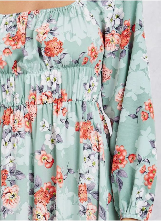 Styli Floral Printed Tiered Midi Dress