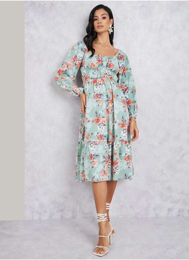 Styli - Floral Printed Tiered Midi Dress - Image 1