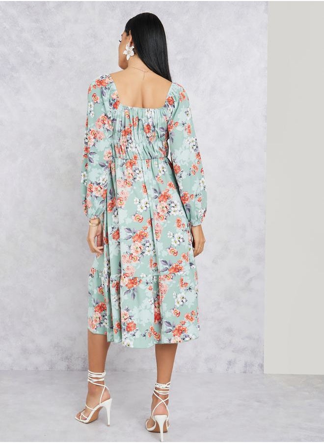Styli - Floral Printed Tiered Midi Dress - Image 1