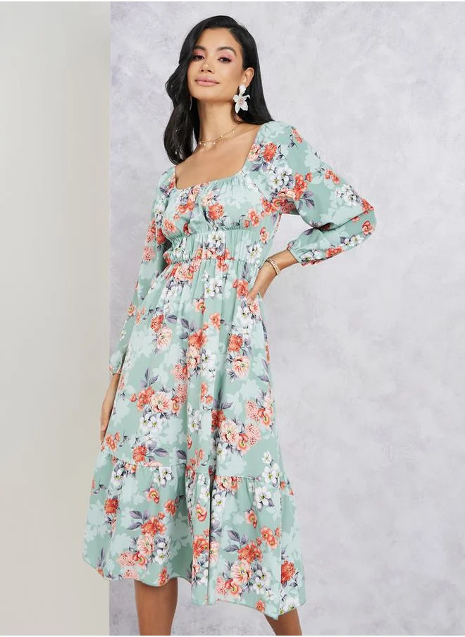 Styli Floral Printed Tiered Midi Dress