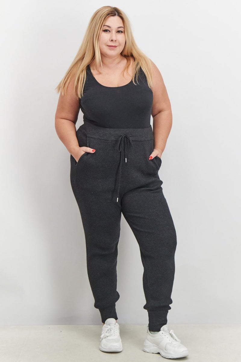 Black Tape Women Trendy Plus Size Ribbed Jogger Pants, Dark Charcoal Mix - Image 3