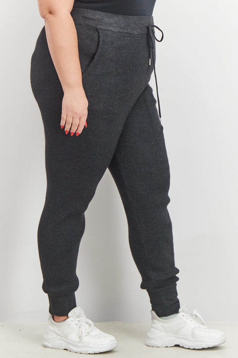Black Tape Women Trendy Plus Size Ribbed Jogger Pants, Dark Charcoal Mix - Image 2