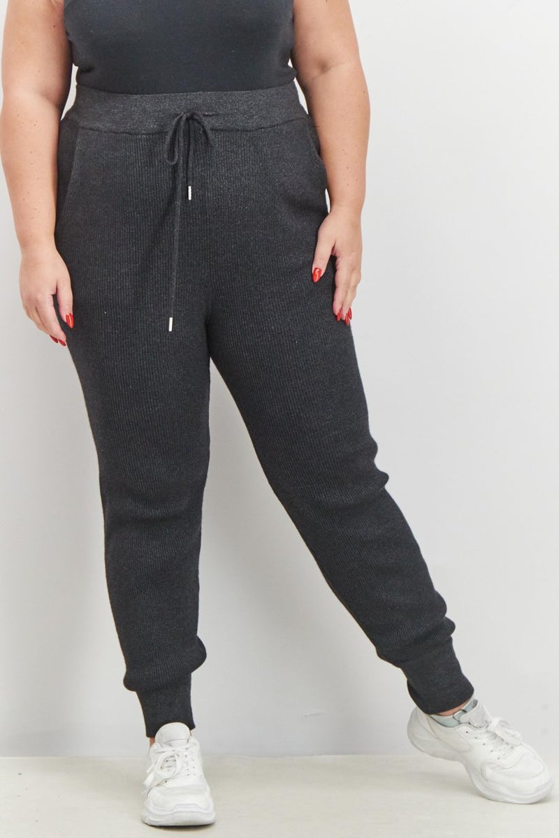 Black Tape Women Trendy Plus Size Ribbed Jogger Pants, Dark Charcoal Mix - Image 1