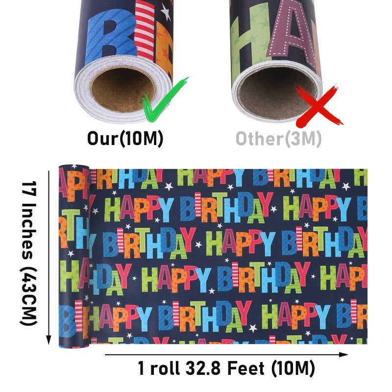 NESCCI Birthday Wrapping Paper,Birthday Gift Wrapping Paper,Wrapping Paper Roll-17 Inch X 32.8 Feet Per roll,Colorful Happy Birthdays Pattern For Boys Girls, Perfect For Birthdays Party, Baby Shower - Image 2