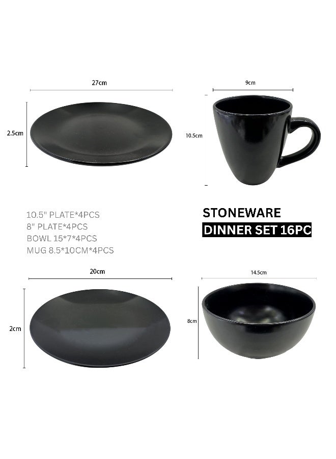 Feelings Black Stoneware 16 pece Dinner Set- Modern Collection Featuring 10.5″ Dinner Plates,  8″ Side Plates And  6″ Bowls & 14oz Mugs | Microwave & Dishwasher Safe | Everyday Dining Essential for Home & Kitchen - Image 2