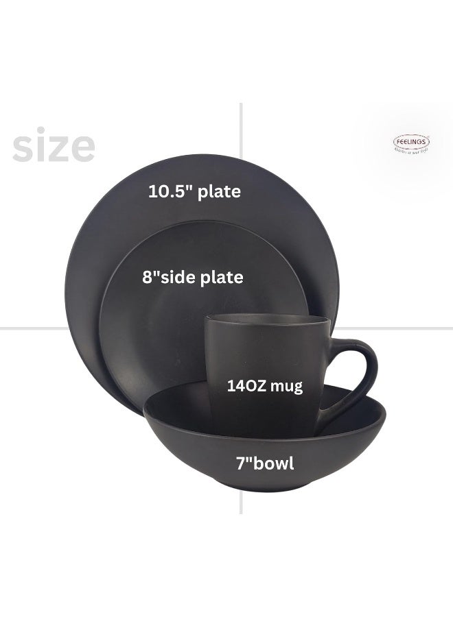 Feelings Black Stoneware 16 pece Dinner Set- Modern Collection Featuring 10.5″ Dinner Plates,  8″ Side Plates And  6″ Bowls & 14oz Mugs | Microwave & Dishwasher Safe | Everyday Dining Essential for Home & Kitchen - Image 5