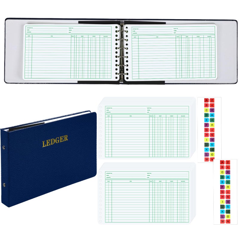 Skyygemm Ring Ledger Binder with 200 Pcs 5"x8.5" Ledger Sheets Small Index Tabs for Bookkeeping Accounting Business with Debit Credit Balance Columns(Blue Cover, White Sheets) - Image 1
