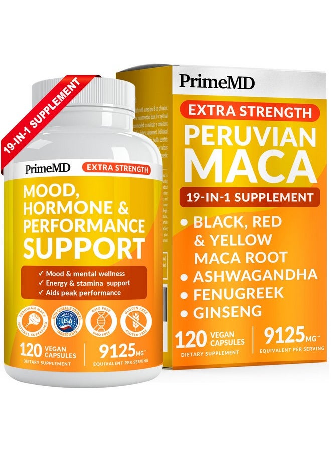 19-in-1 Extra Strength Peruvian Maca Root Capsules - 9125 mg Ashwagandha Supplements with Fenugreek and Ginseng for Mood, Hormone and Performance Support (120 ct)