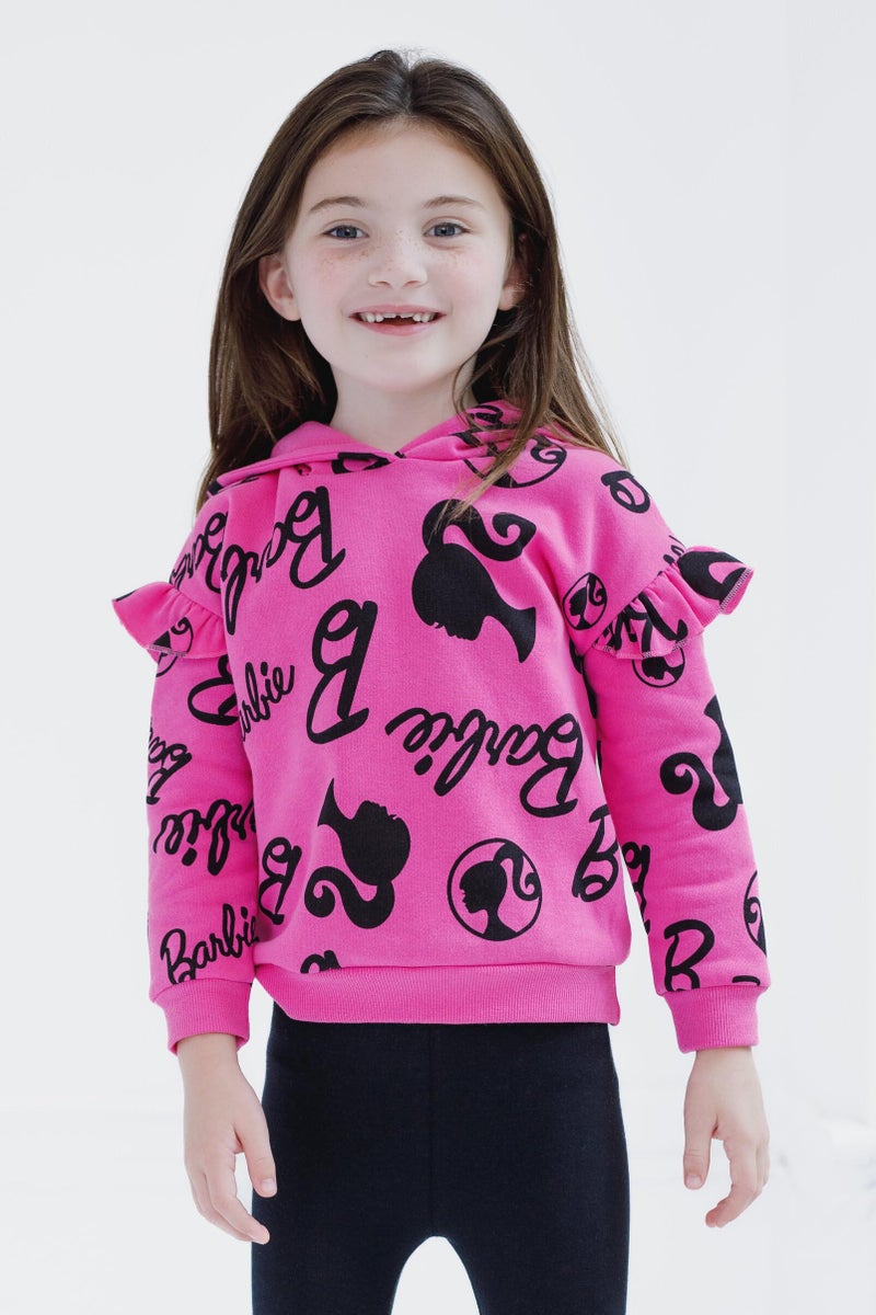 Barbie Little Girls Drop Shoulder Pullover Fleece Hoodie and Leggings Outfit Set Logo Pink/Black 7-8 - Image 5