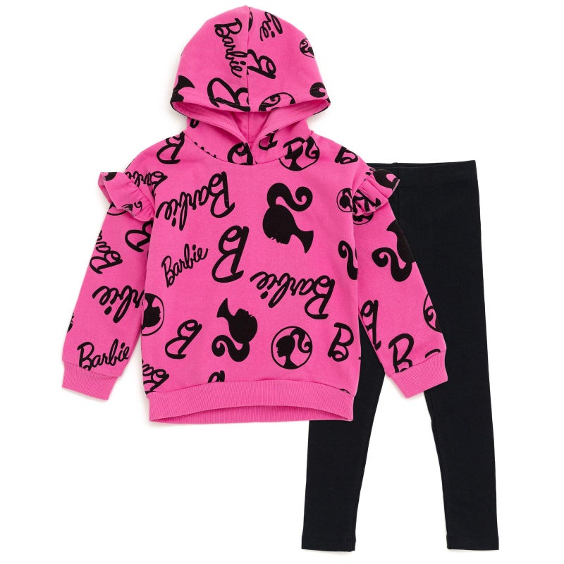 Barbie Little Girls Drop Shoulder Pullover Fleece Hoodie and Leggings Outfit Set Logo Pink/Black 7-8 - Image 1