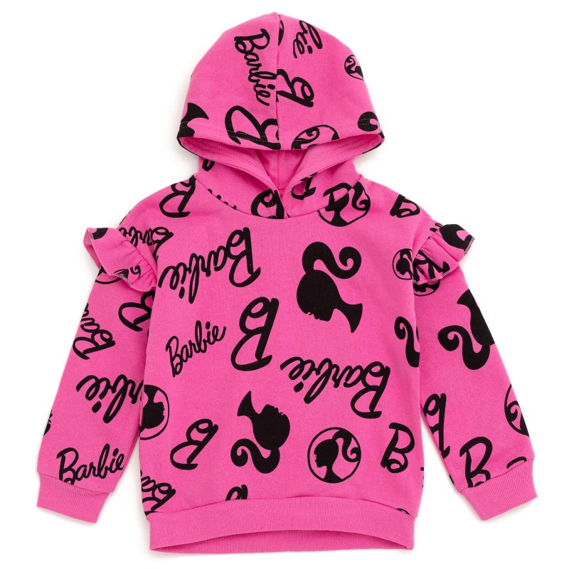 Barbie Little Girls Drop Shoulder Pullover Fleece Hoodie and Leggings Outfit Set Logo Pink/Black 7-8 - Image 3