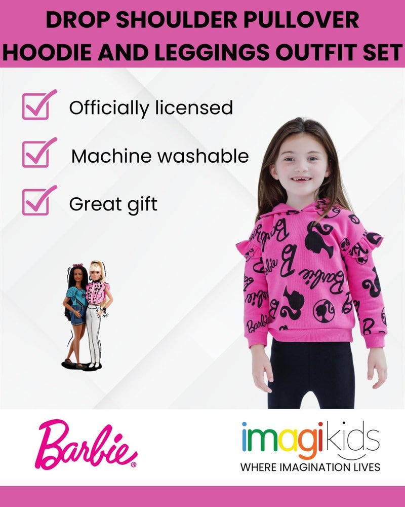 Barbie Little Girls Drop Shoulder Pullover Fleece Hoodie and Leggings Outfit Set Logo Pink/Black 7-8 - Image 2