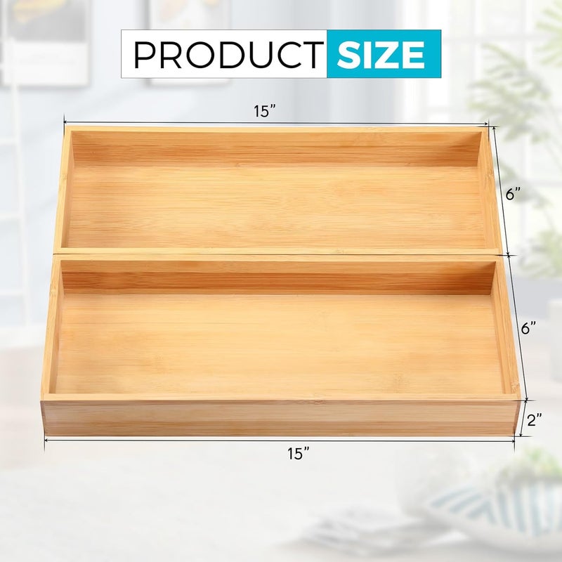 Fabsome Kitchen Utensil Drawer Organizer, Bamboo Silverware Cutlery Flatware Organizer Bins for Drawer, Wooden Container Storage Trays for Bathroom Vanity Junk Drawer, 15" x 6" Set of 2 - Image 4