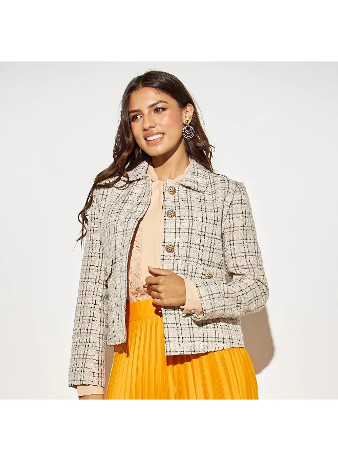 Iconic Iconic Checked Jacket with Flap Pockets and Long Sleeves