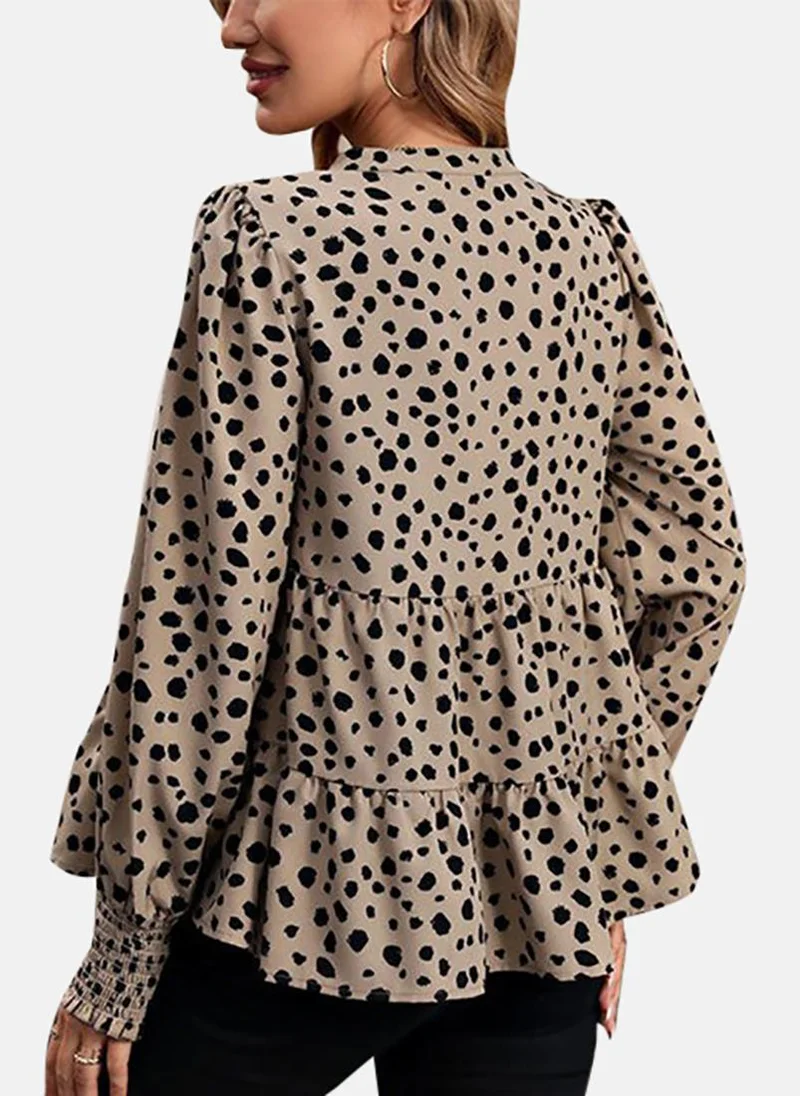 يونيكي Khaki Abstract Printed V-Neck Top