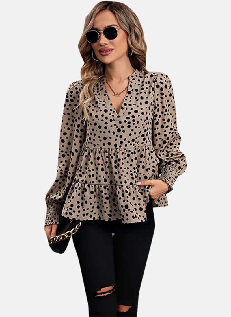 يونيكي Khaki Abstract Printed V-Neck Top