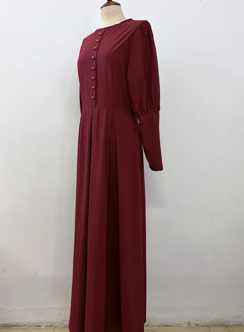 Loquat Solid Color Traditional Long Sleeves Abaya Burgundy  - Image 2
