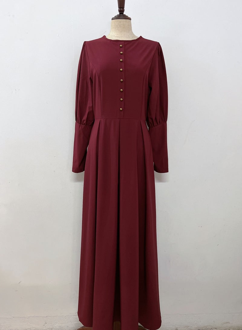 Loquat Solid Color Traditional Long Sleeves Abaya Burgundy  - Image 1