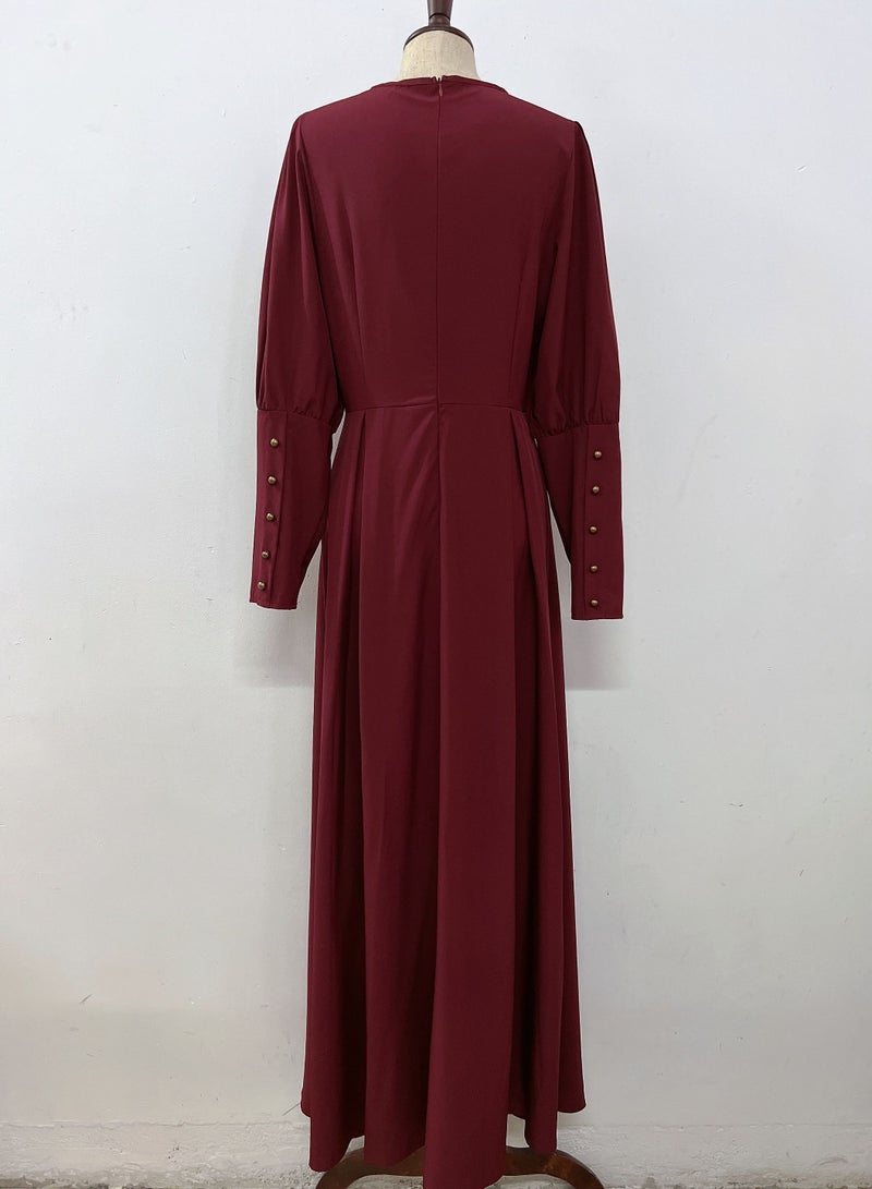 Loquat Solid Color Traditional Long Sleeves Abaya Burgundy  - Image 3