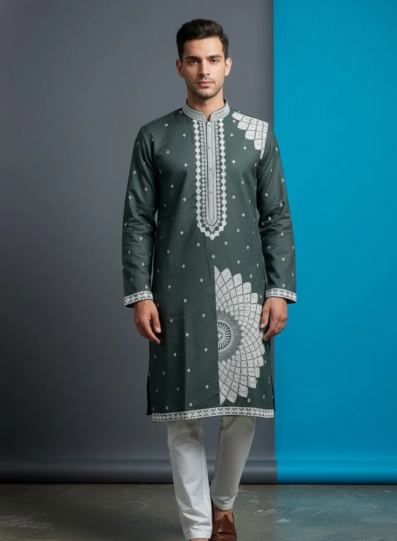 Lehar Charcoal Green Cotton Kurta Set with Intricate White Geometric Embroidery