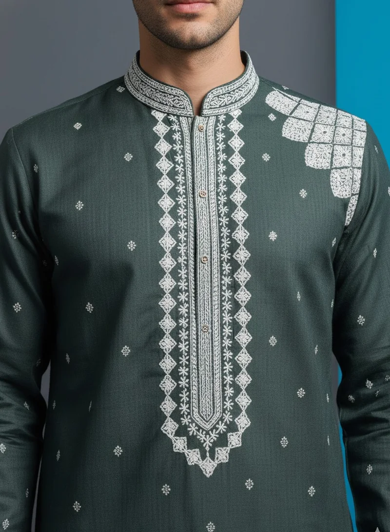 Lehar Charcoal Green Cotton Kurta Set with Intricate White Geometric Embroidery