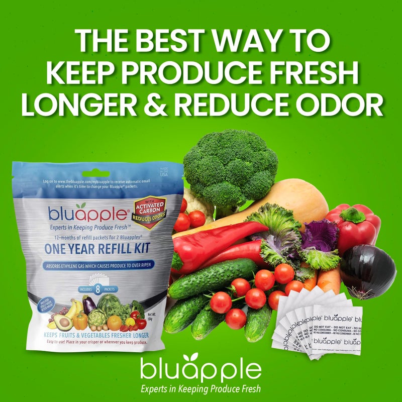 Bluapple Produce Saver Ethylene Gas Absorber 1 Year Refill Kit with Activated Carbon - 8 Packets (9 Grams Classic + 4 Grams of Carbon Each) - Keeps Fruits & Vegetables Fresher Longer, Produce Storage - Image 2