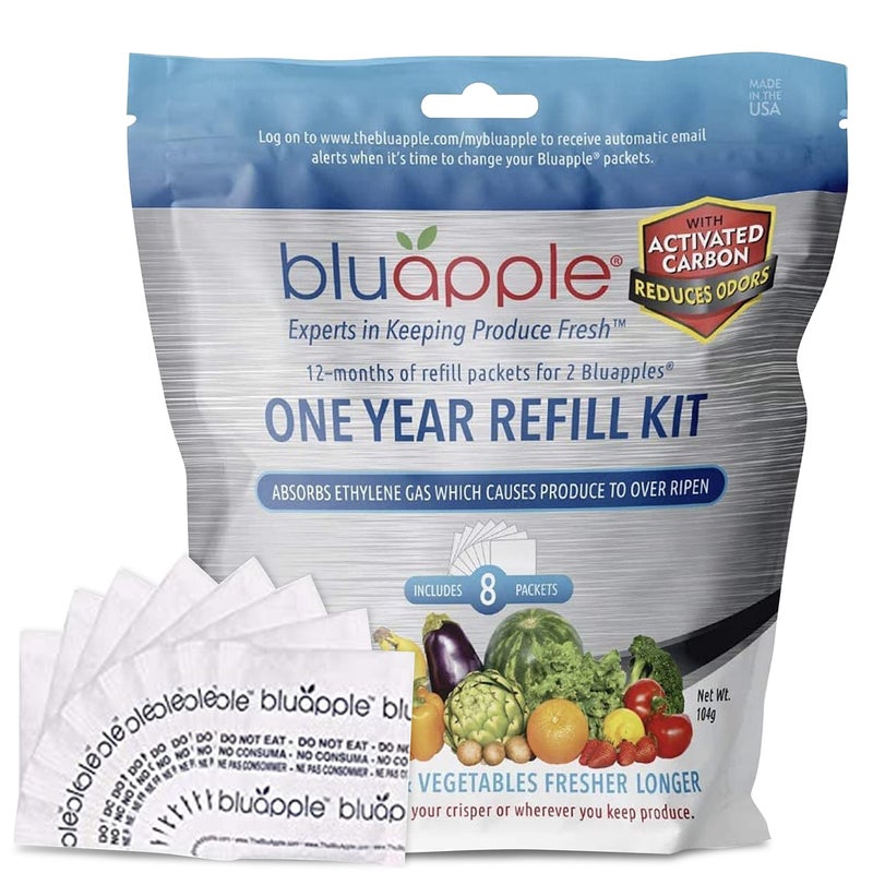 Bluapple Produce Saver Ethylene Gas Absorber 1 Year Refill Kit with Activated Carbon - 8 Packets (9 Grams Classic + 4 Grams of Carbon Each) - Keeps Fruits & Vegetables Fresher Longer, Produce Storage - Image 1
