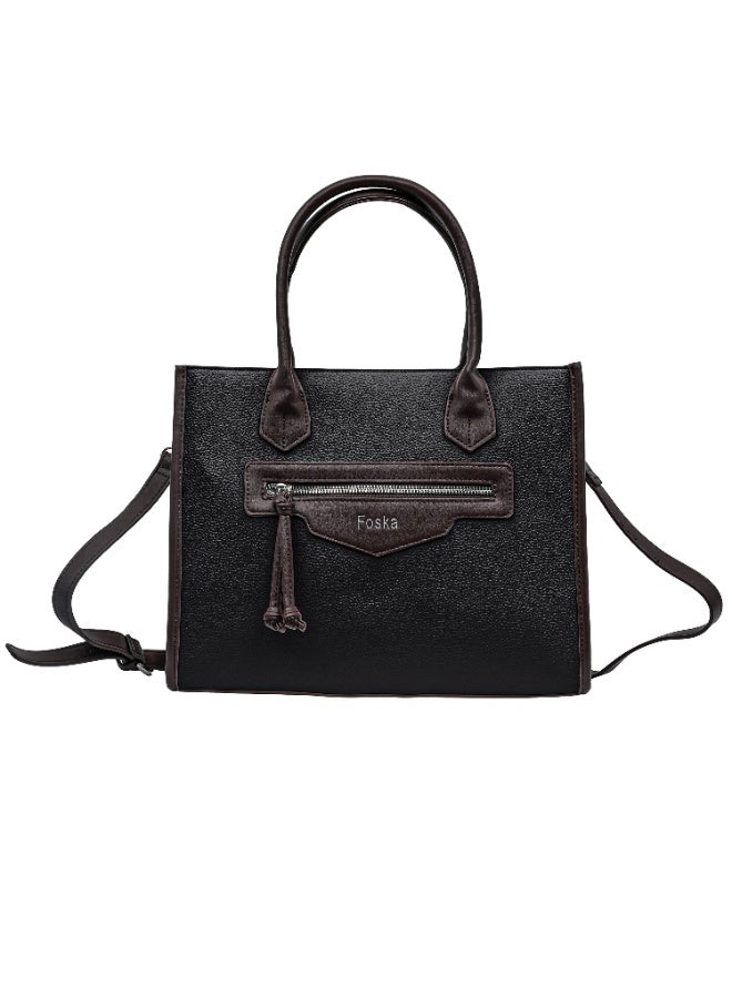فوسكا شنطة Foska يد كبيرة (توت) وكتف نسائية – جلد منقوش (Embossed) للعمل لون أسود – مقاس 33x26.5 سم - Image 1