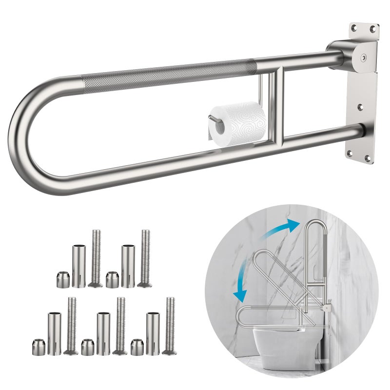 Toilet Grab Bar 303 Inch Munzong AntiSlip Handicap Grab Bars with Paper Holder FlipUp Bathroom Toilet Safety Rails Stainless Steel Knurled Support handrails for Seniors Elderly Disabled Pregnant