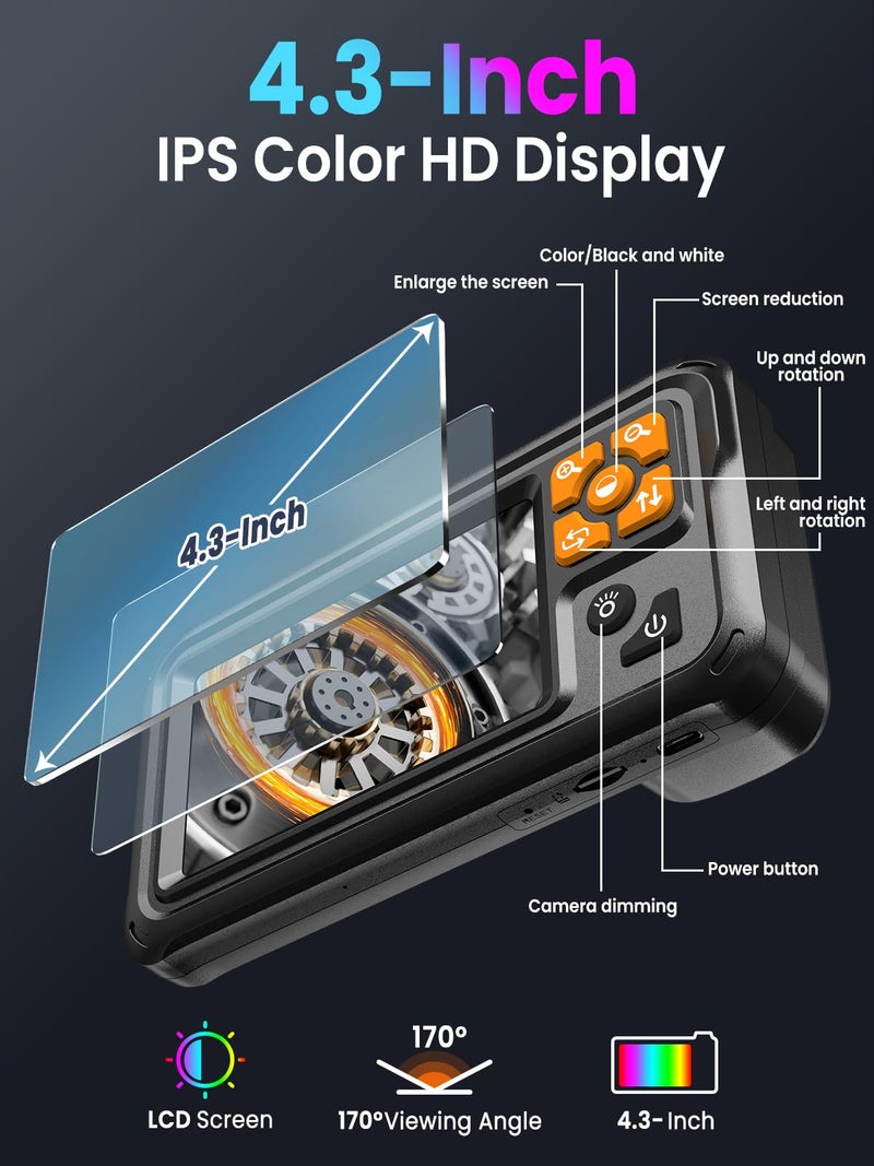 Vorth كاميرا فورت إندوسكوب مع ضوء، شاشة IPS 4.3 بوصة 1080P أدوات بوري سكوبي مع 8 أضواء LED، كاميرا ثعبان كابل شبه صلب، أداة فحص المجاري IP67 مقاومة للماء - 16.5 قدم - عدستين - Image 2