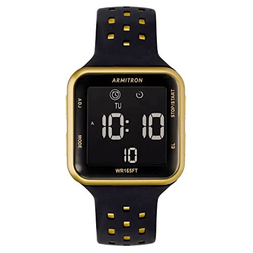 Armitron Sport Unisex Gold-Tone Accented Digital Chronograph Black Perforated Silicone Strap Watch, 40/8417GBK - Image 1