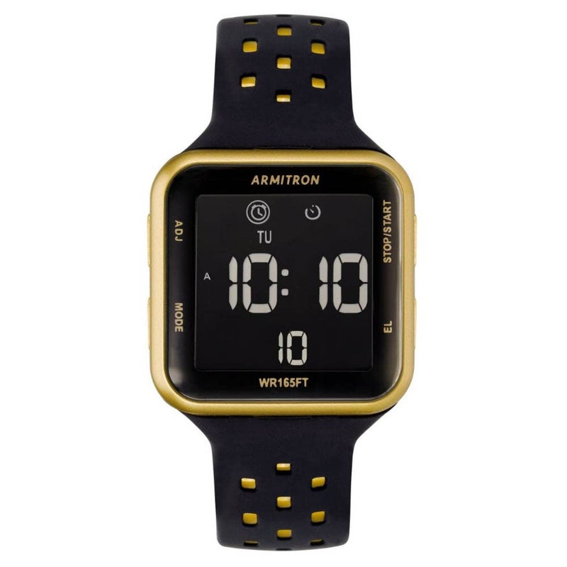Armitron Sport Unisex Gold-Tone Accented Digital Chronograph Black Perforated Silicone Strap Watch, 40/8417GBK - Image 5