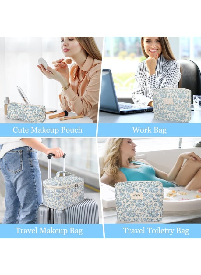 PLUSOX 3-Piece Makeup Bag Set,  Large Quilted Makeup Bag for Women and Girls, Lovely Floral Cotton Cosmetic Bag, Aesthetic Travel Organized Toiletry Bags Quilted Makeup Bag Flower Toiletry Organizer Bag - Image 4