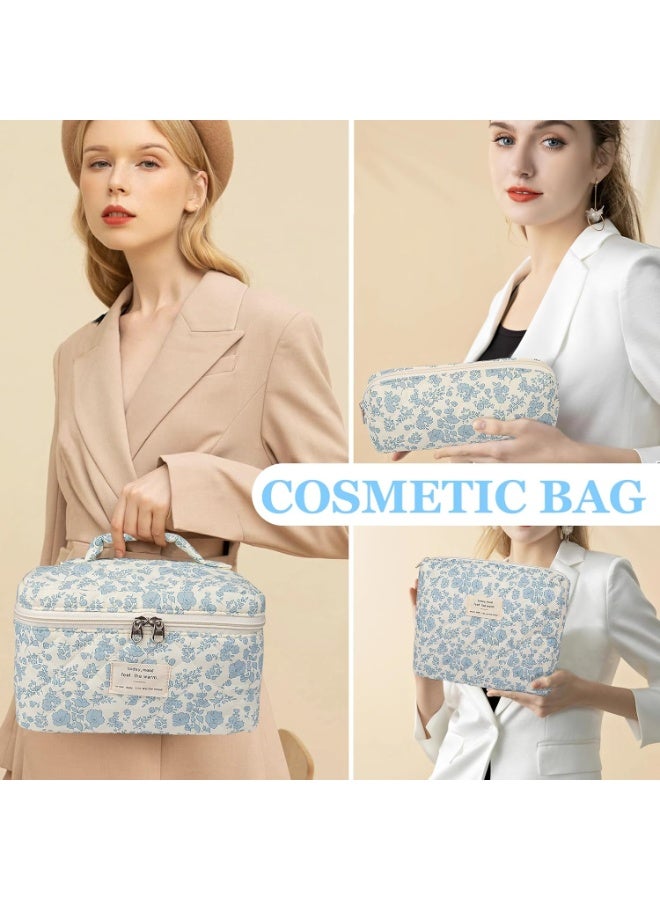 PLUSOX 3-Piece Makeup Bag Set,  Large Quilted Makeup Bag for Women and Girls, Lovely Floral Cotton Cosmetic Bag, Aesthetic Travel Organized Toiletry Bags Quilted Makeup Bag Flower Toiletry Organizer Bag - Image 5