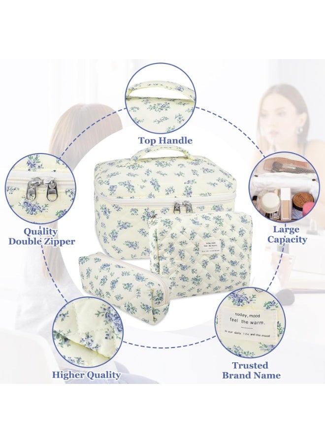 PLUSOX 3-Piece Makeup Bag Set,  Large Quilted Makeup Bag for Women and Girls, Lovely Floral Cotton Cosmetic Bag, Aesthetic Travel Organized Toiletry Bags Quilted Makeup Bag Flower Toiletry Organizer Bag - Image 3