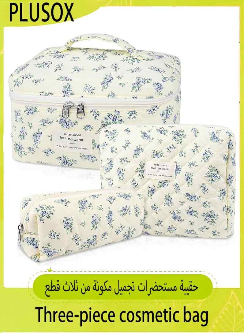 PLUSOX 3-Piece Makeup Bag Set,  Large Quilted Makeup Bag for Women and Girls, Lovely Floral Cotton Cosmetic Bag, Aesthetic Travel Organized Toiletry Bags Quilted Makeup Bag Flower Toiletry Organizer Bag - Image 1