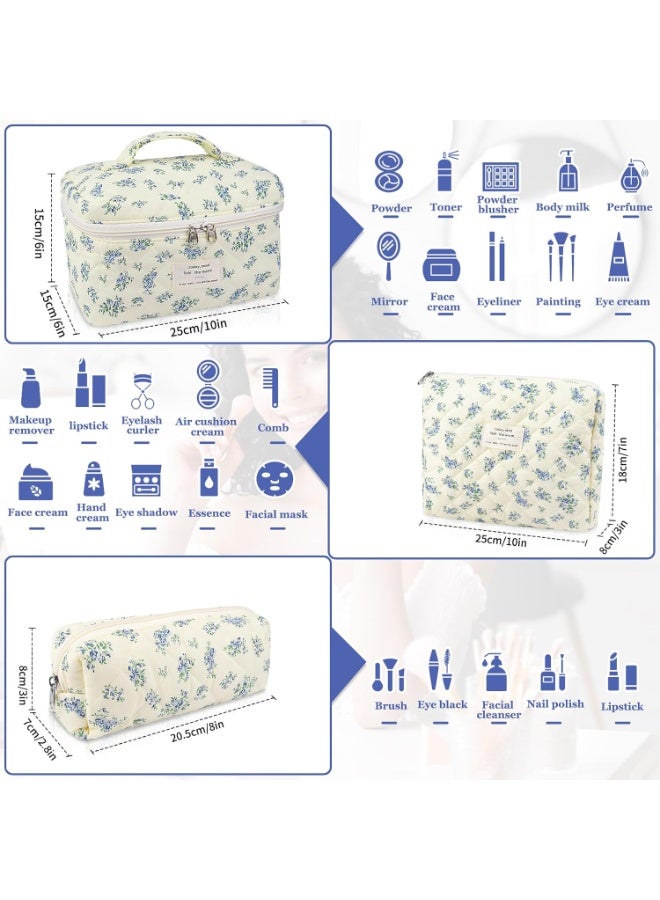 PLUSOX 3-Piece Makeup Bag Set,  Large Quilted Makeup Bag for Women and Girls, Lovely Floral Cotton Cosmetic Bag, Aesthetic Travel Organized Toiletry Bags Quilted Makeup Bag Flower Toiletry Organizer Bag - Image 2